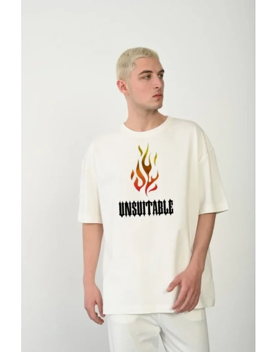 Unisex Bisiklet Yaka Baskılı Oversize T-Shirt - Beyaz