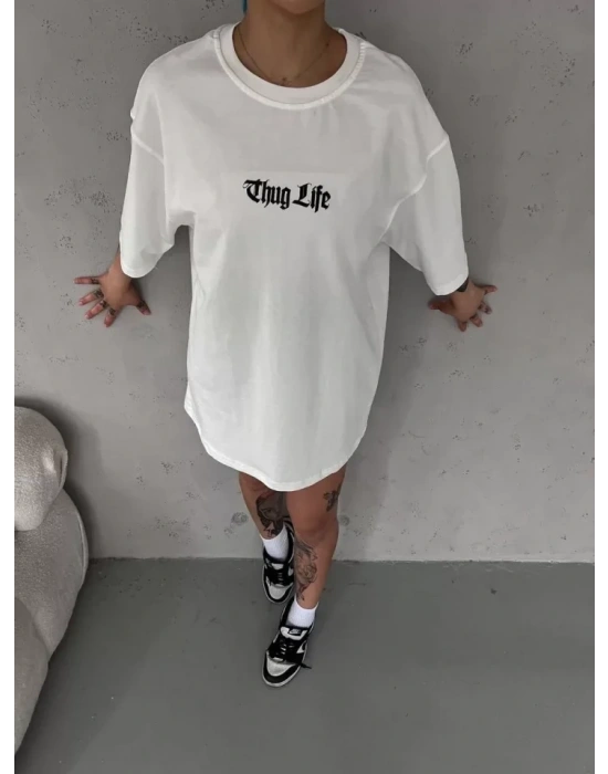 Unisex Bisiklet Yaka Baskılı Oversize T-Shirt - Beyaz