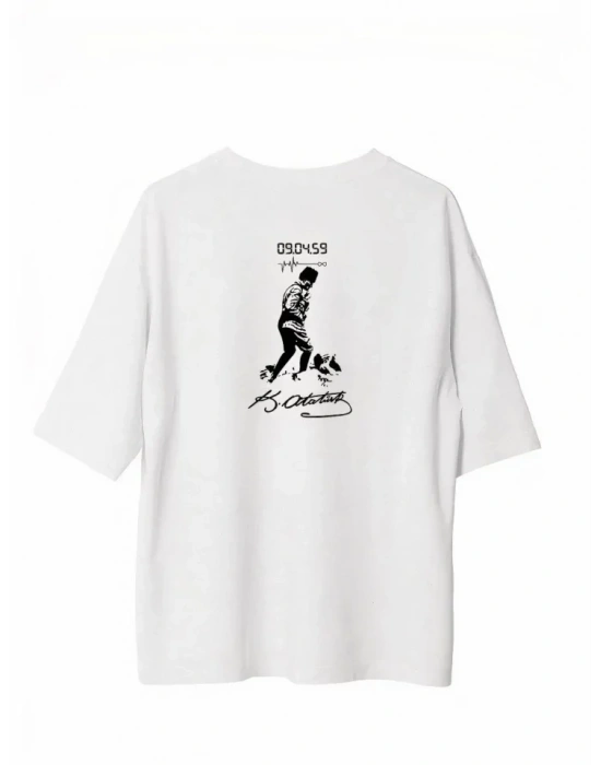 Unisex Bisiklet Yaka Baskılı Oversize T-Shirt - Beyaz
