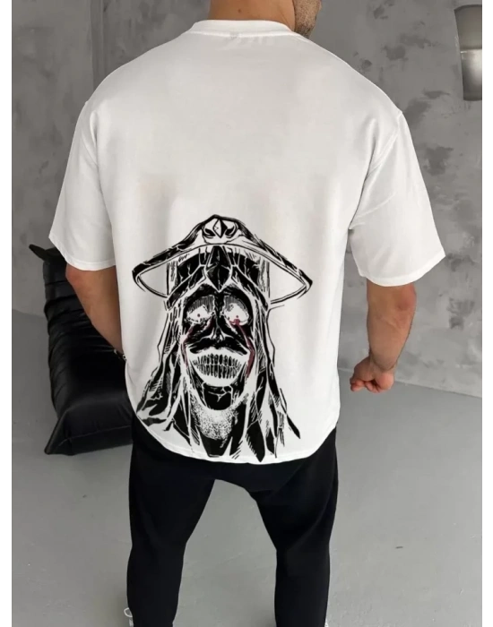 Unisex Bisiklet Yaka Baskılı Oversize T-Shirt - Beyaz