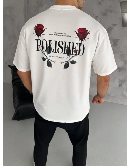Unisex Bisiklet Yaka Baskılı Oversize T-Shirt - Beyaz