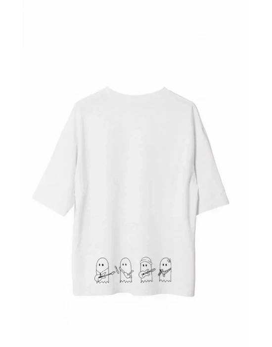 Unisex Bisiklet Yaka Baskılı Oversize T-Shirt - Beyaz