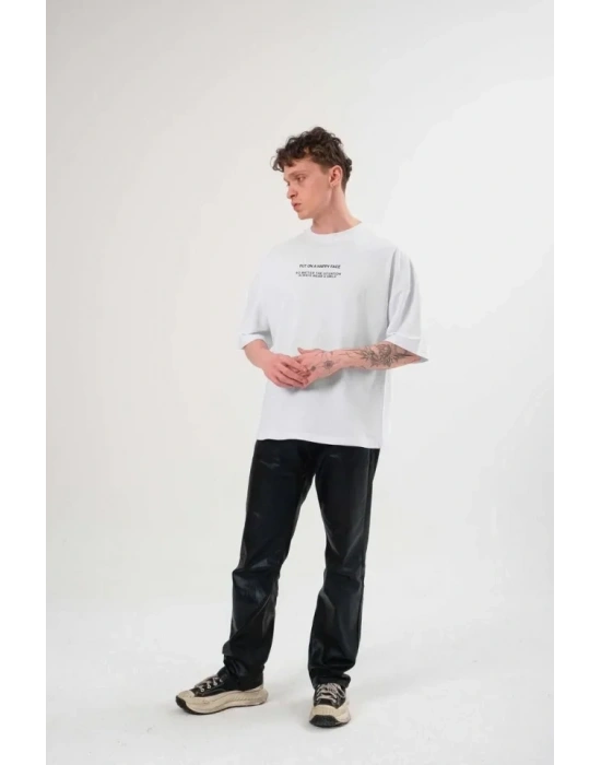 Unisex Bisiklet Yaka Baskılı Oversize T-Shirt - Beyaz