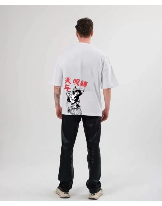 Unisex Bisiklet Yaka Baskılı Oversize T-Shirt - Beyaz
