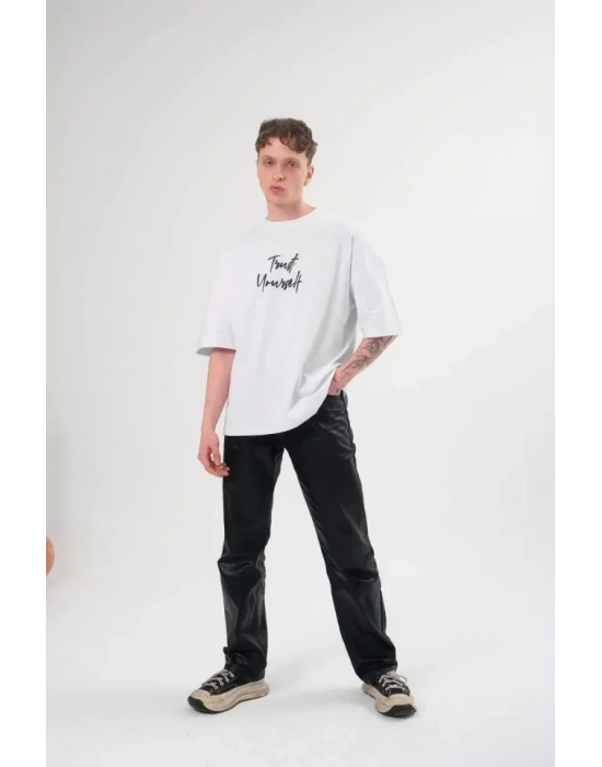 Unisex Bisiklet Yaka Baskılı Oversize T-Shirt - Beyaz