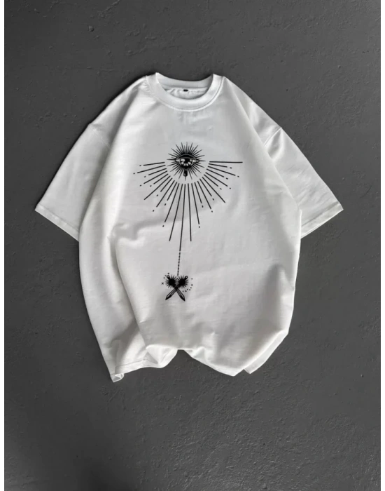 Unisex Bisiklet Yaka Baskılı Oversize T-Shirt - Beyaz