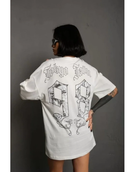 Unisex Bisiklet Yaka Baskılı Oversize T-Shirt - Beyaz