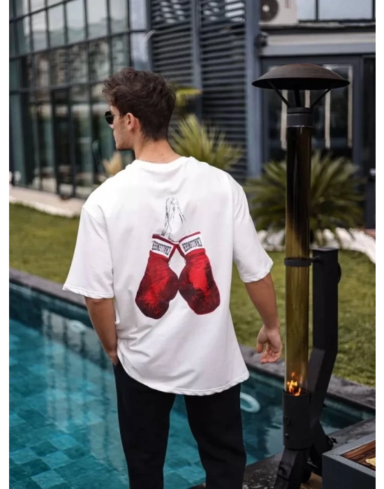 Unisex Bisiklet Yaka Baskılı Oversize T-Shirt - Beyaz