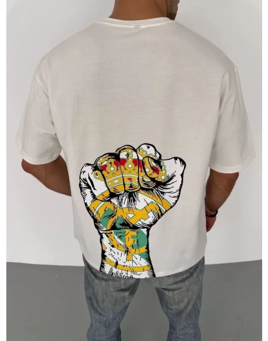 Unisex Bisiklet Yaka Baskılı Oversize T-Shirt - Beyaz