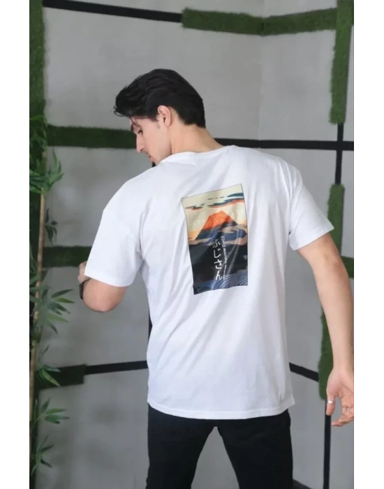 Unisex Bisiklet Yaka Baskılı Oversize T-Shirt - Beyaz