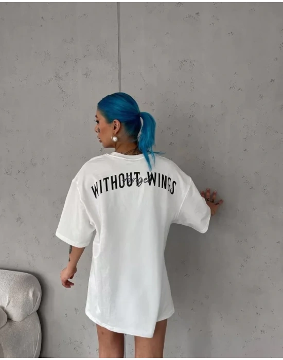 Unisex Bisiklet Yaka Baskılı Oversize T-Shirt - Beyaz