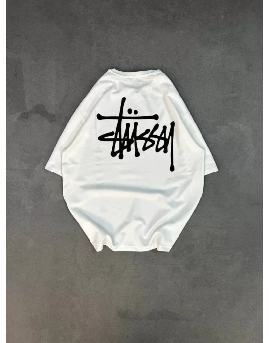 Unisex Bisiklet Yaka Baskılı Oversize T-Shirt - Beyaz