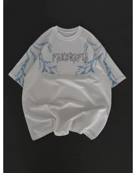 Unisex Bisiklet Yaka Baskılı Oversize T-Shirt - Beyaz