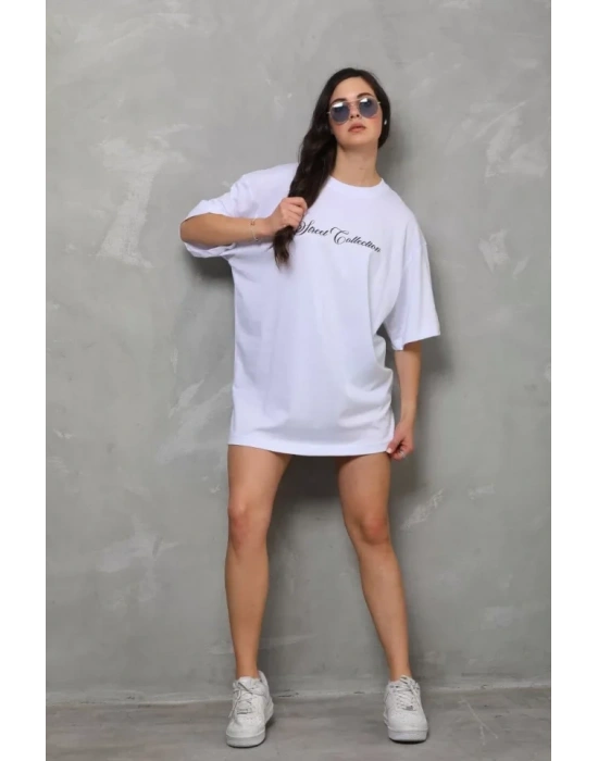 Unisex Bisiklet Yaka Baskılı Oversize T-Shirt - Beyaz