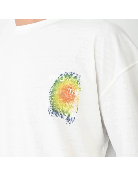 Unisex Bisiklet Yaka Baskılı Oversize T-Shirt - Beyaz
