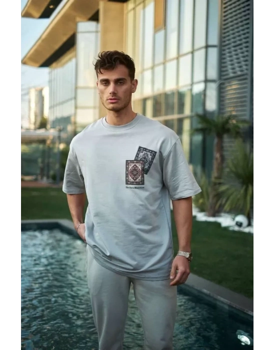 Unisex Bisiklet Yaka Baskılı Oversize T-Shirt - Boyalı Gri