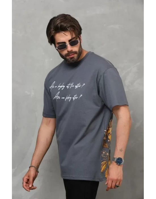 Unisex Bisiklet Yaka Baskılı Oversize T-Shirt - Füme