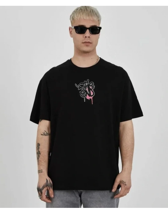 Unisex Bisiklet Yaka Baskılı Oversize T-Shirt - Siyah