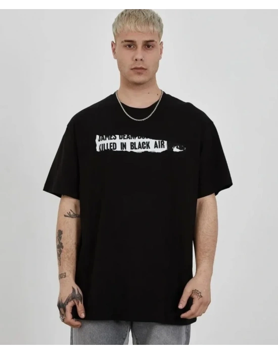 Unisex Bisiklet Yaka Baskılı Oversize T-Shirt - Siyah