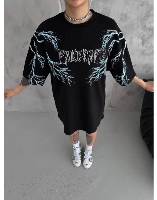 Unisex Bisiklet Yaka Baskılı Oversize T-Shirt - Siyah