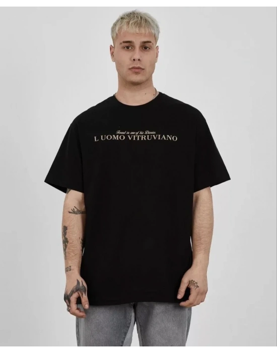 Unisex Bisiklet Yaka Baskılı Oversize T-Shirt - Siyah