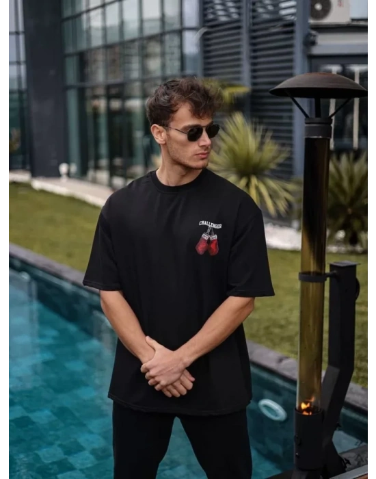 Unisex Bisiklet Yaka Baskılı Oversize T-Shirt - Siyah