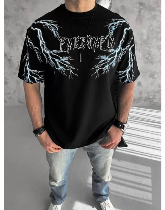 Unisex Bisiklet Yaka Baskılı Oversize T-Shirt-Siyah