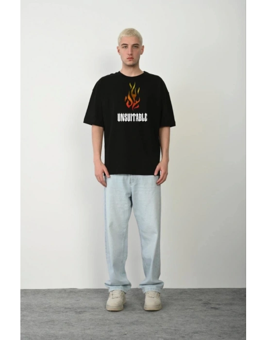 Unisex Bisiklet Yaka Baskılı Oversize T-Shirt - Siyah
