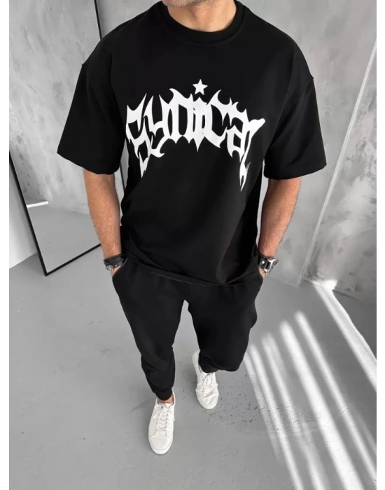 Unisex Bisiklet Yaka Baskılı Oversize T-Shirt - Siyah