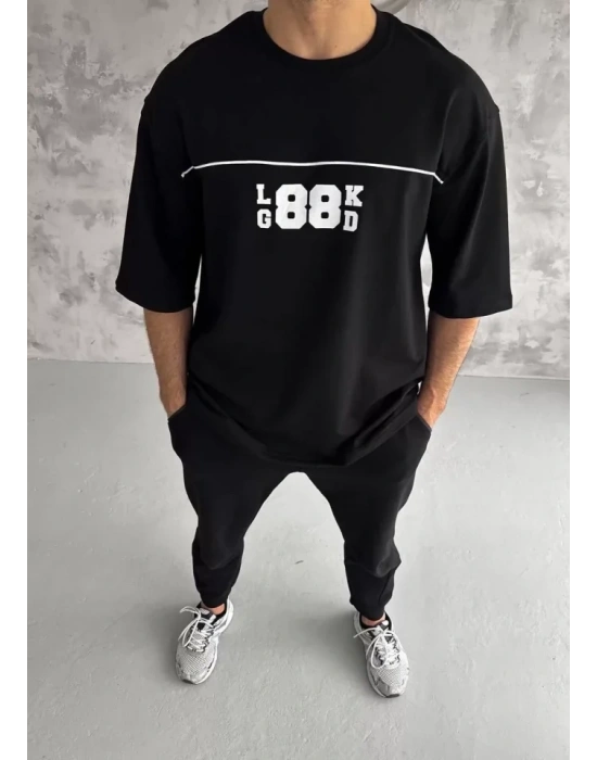 Unisex Bisiklet Yaka Baskılı Oversize T-Shirt - Siyah