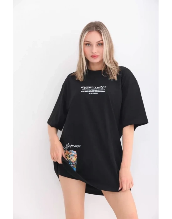 Unisex Bisiklet Yaka Baskılı Oversize T-Shirt - Siyah