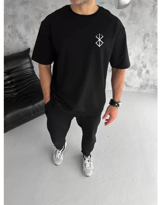 Unisex Bisiklet Yaka Baskılı Oversize T-Shirt - Siyah