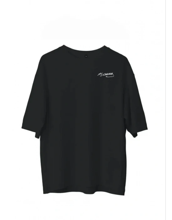 Unisex Bisiklet Yaka Baskılı Oversize T-Shirt - Siyah