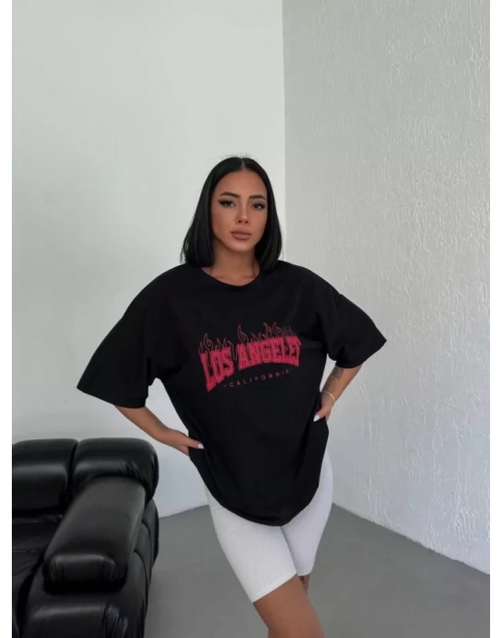 Unisex Bisiklet Yaka Baskılı Oversize T-Shirt - Siyah