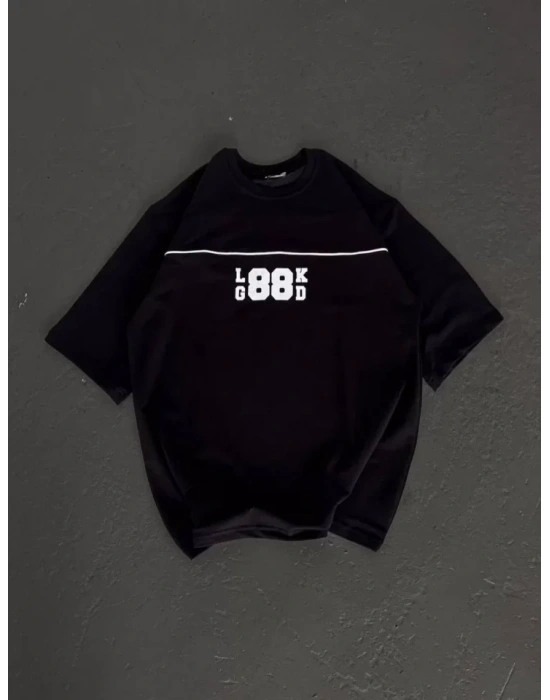 Unisex Bisiklet Yaka Baskılı Oversize T-Shirt - Siyah