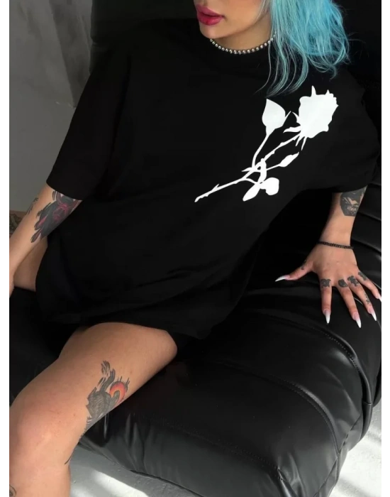 Unisex Bisiklet Yaka Baskılı Oversize T-Shirt - Siyah
