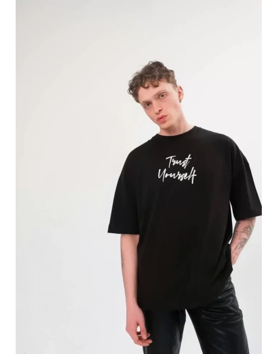 Unisex Bisiklet Yaka Baskılı Oversize T-Shirt - Siyah