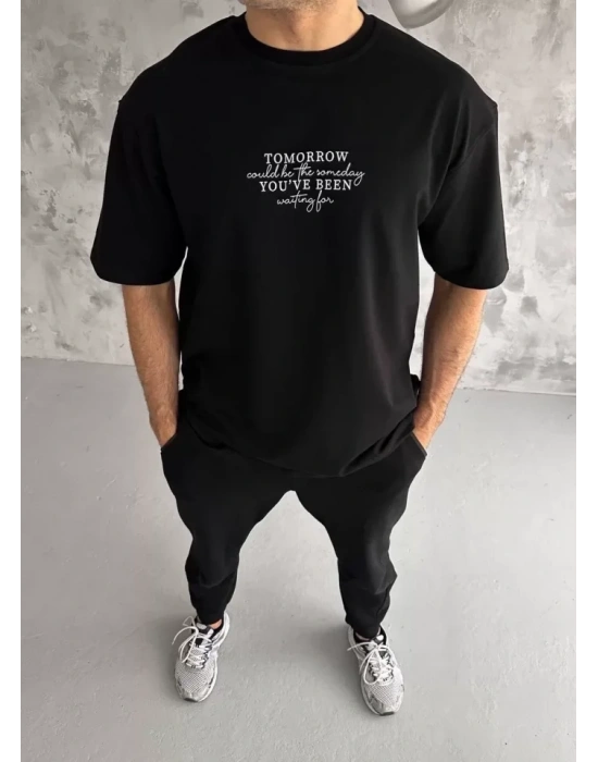 Unisex Bisiklet Yaka Baskılı Oversize T-Shirt - Siyah