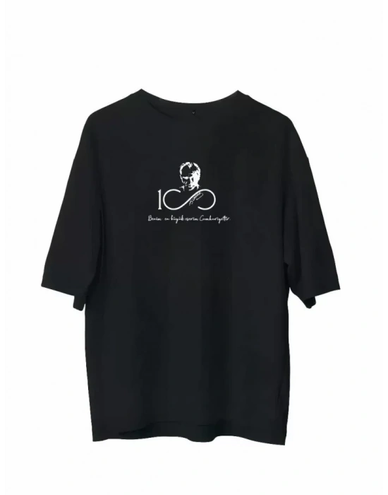 Unisex Bisiklet Yaka Baskılı Oversize T-Shirt - Siyah