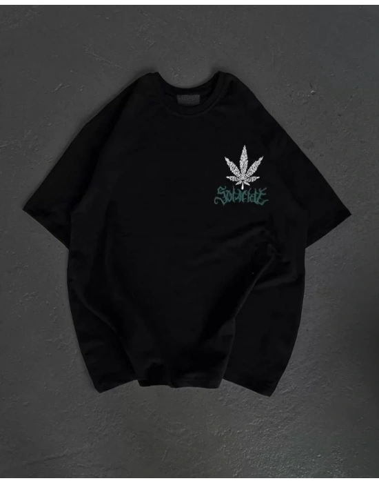 Unisex Bisiklet Yaka Baskılı Oversize T-Shirt - Siyah