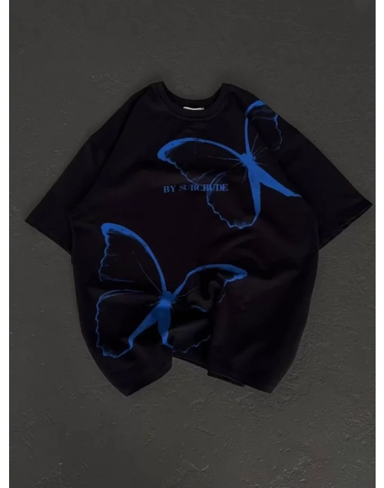 Unisex Bisiklet Yaka Baskılı Oversize T-Shirt - Siyah