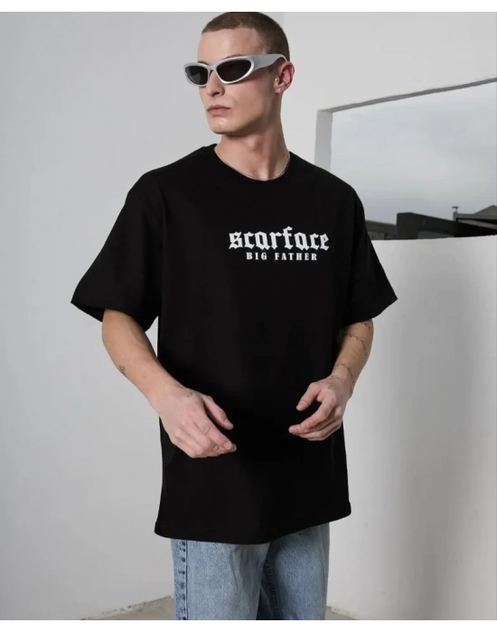 Unisex Bisiklet Yaka Baskılı Oversize T-Shirt - Siyah