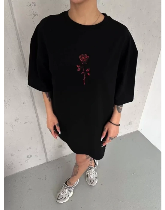 Unisex Bisiklet Yaka Baskılı Oversize T-Shirt - Siyah