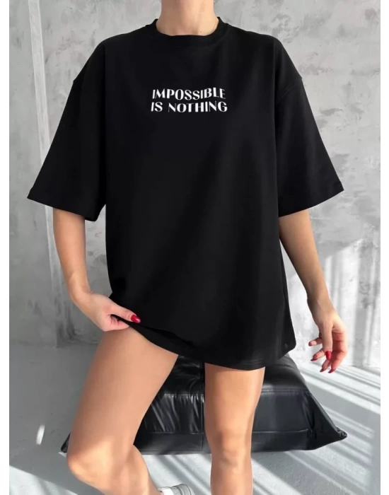 Unisex Bisiklet Yaka Baskılı Oversize T-Shirt - Siyah