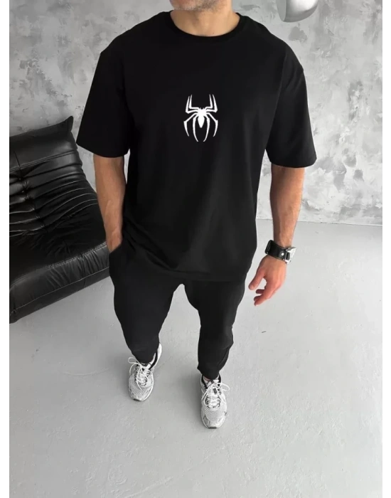 Unisex Bisiklet Yaka Baskılı Oversize T-Shirt - Siyah