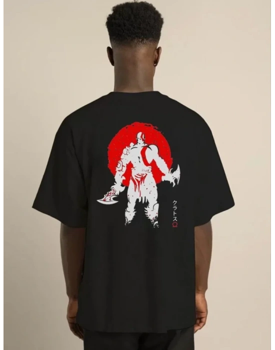 Unisex Bisiklet Yaka Baskılı Oversize T-Shirt - Siyah