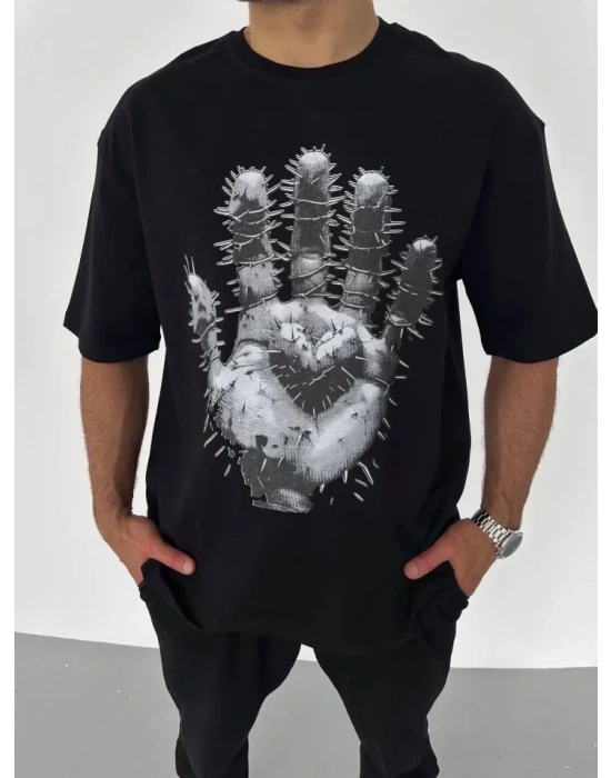 Unisex Bisiklet Yaka Baskılı Oversize T-Shirt - Siyah