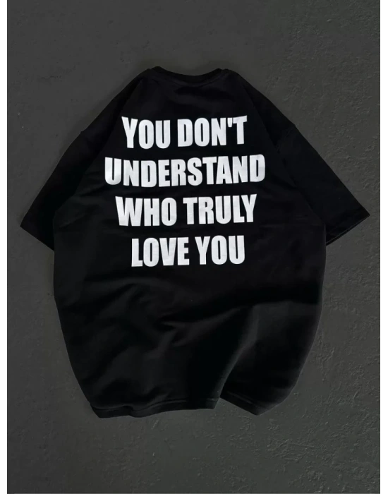 Unisex Bisiklet Yaka Baskılı Oversize T-Shirt - Siyah