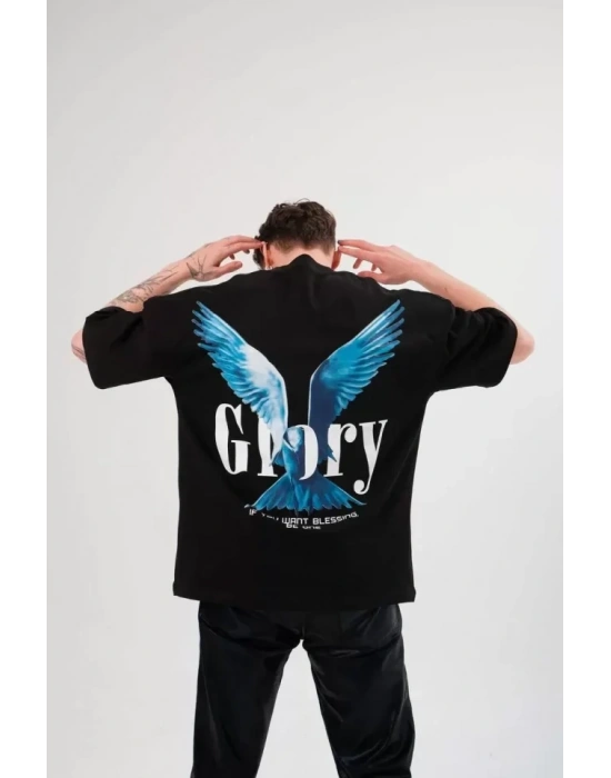 Unisex Bisiklet Yaka Baskılı Oversize T-Shirt - Siyah