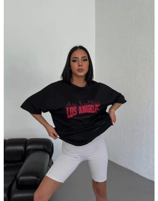 Unisex Bisiklet Yaka Baskılı Oversize T-Shirt - Siyah